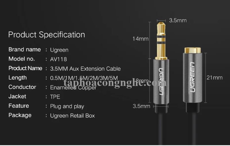 Ugreen 10595 3M màu Đen Cáp âm thanh 3.5mm nối dài AV118 30010595